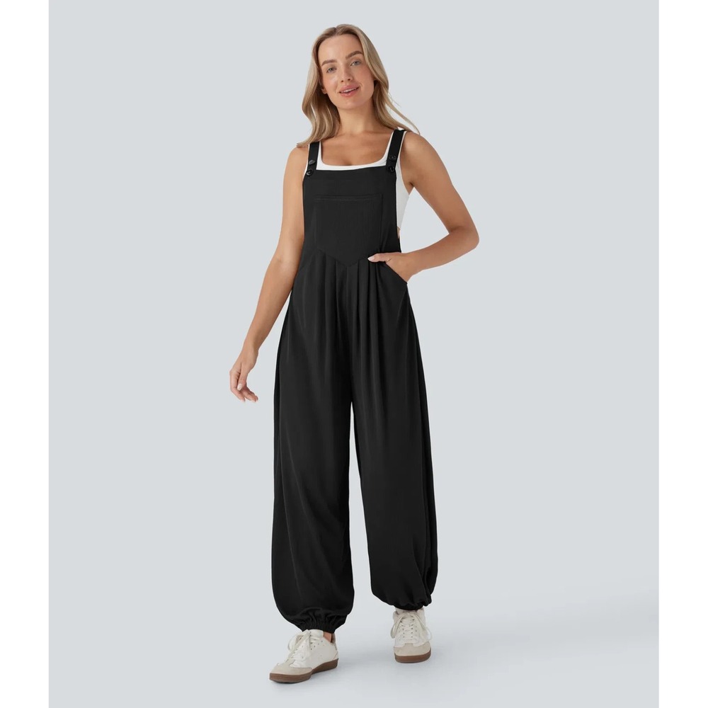 Halara Black Pockets Waffle Casual Jogger Overalls Comfy Cozy Large Regular NWT